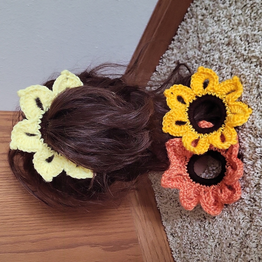 3 flower Scrunchie Bundle, handcrafted crochet, NWOT floral orange yellow gold